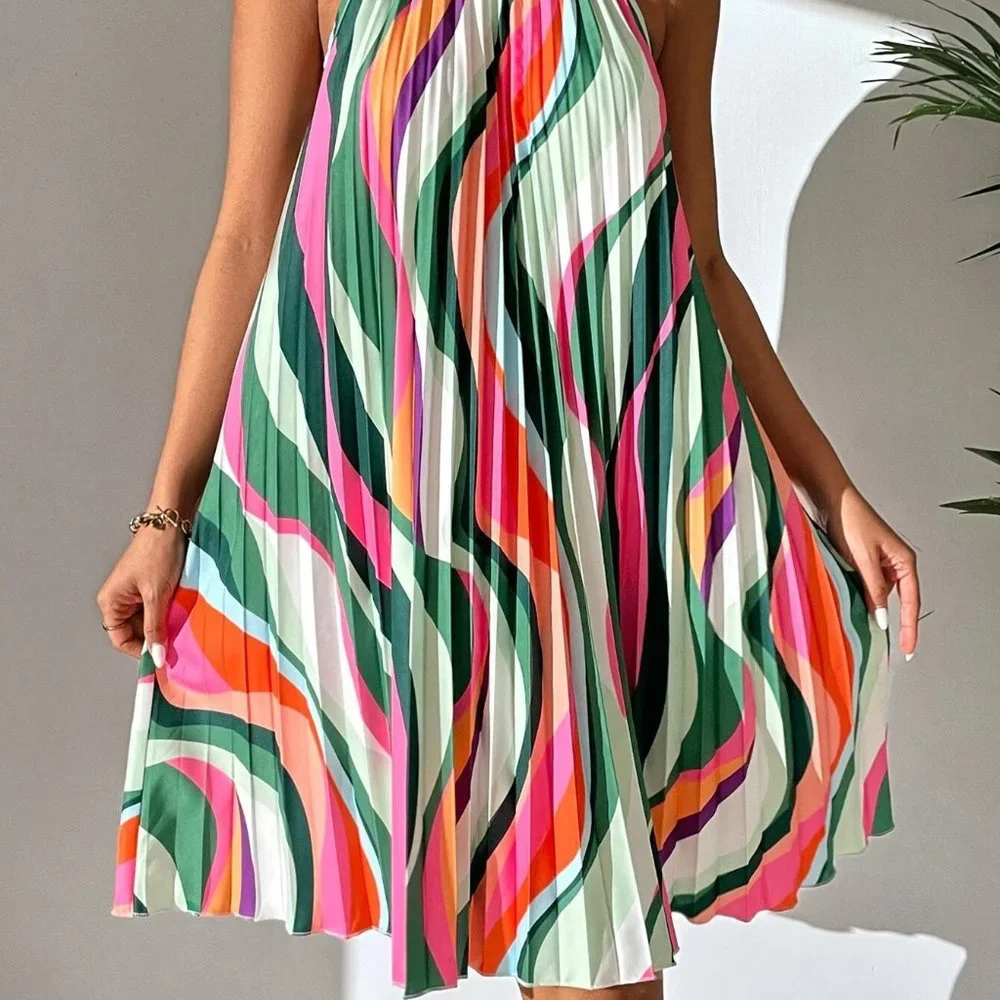 Multicolor Preppy Womens Allover Print Pleated Halter Dress - Picture 3 of 5